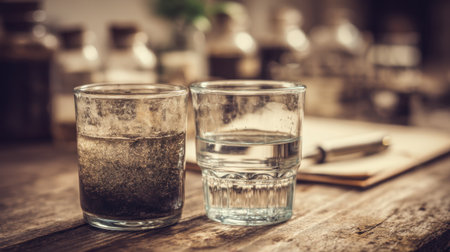 A captivating still life featuring two glasses on a rustic wooden table, one filled with sediment and the other with clear water, highlighting contrast and texture.の素材