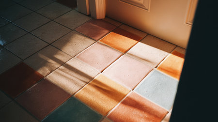 A vibrant view of a colorful tile floor under warm sunlight, creating soft shadows and an inviting atmosphere in a bright interior space.の素材
