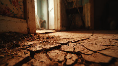 This evocative image captures a cracked earth floor in an abandoned room, illuminated by natural light filtering through an open doorway.の素材