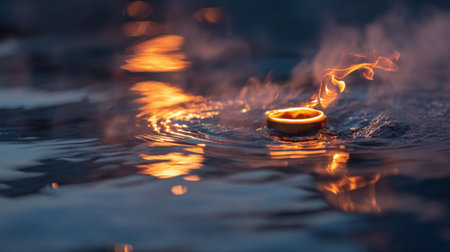 A serene floating oil lamp emits a warm flame upon calm water, creating a beautiful reflection at dusk, perfect for evoking peaceful vibes.の素材