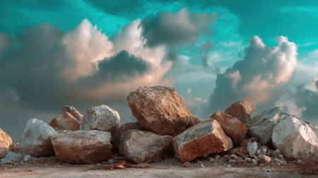 A captivating view of large rocks resting on a gravel surface beneath a stunning sky filled with clouds, perfect for nature-themed projects.の素材