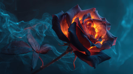 A stunning rose emerges from darkness, illuminated by a fiery core, enveloped in swirling smoke, creating a mystical atmosphere perfect for artistic projects.の素材
