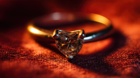 This stunning heart-shaped ring features a sparkling gemstone set against a soft red background, perfect for capturing the essence of elegance and romance.の素材