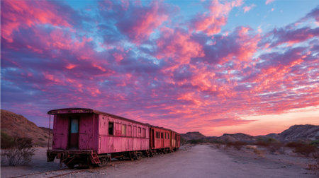 A stunning view of vibrant pink train cars set against a breathtaking sunset backdrop in a remote desert landscape. The colorful sky is filled with dramatic clouds, creating a serene and captivating atmosphere.の素材