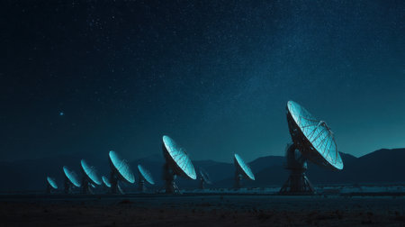 A serene night scene featuring a radio telescope array set in a desert landscape with star-filled skies and silhouetted mountains.の素材