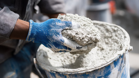 A close-up image showing hands wearing gloves methodically mixing cement in a bucket, showcasing the tactile quality of construction work.の素材