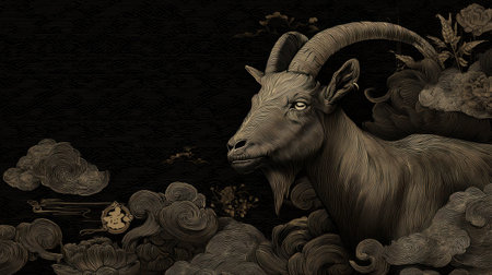 Explore the captivating image of a goat set against a backdrop of swirling clouds and floral designs, showcasing an artistic blend of natural beauty and fantasy elements.の素材