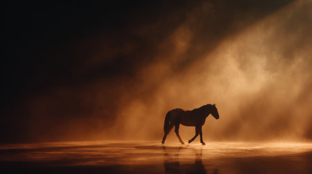 A serene silhouette of a horse emerges through a mystical fog, bathed in warm golden light, creating an enchanting and tranquil atmosphere.の素材