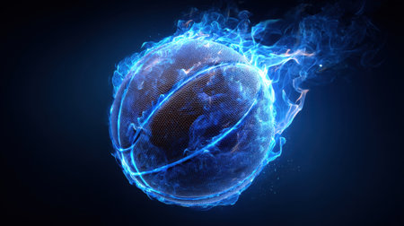 This stunning image showcases a basketball engulfed in fiery blue flames, set against an abstract background that conveys energy and motion, perfect for sports themes.の素材