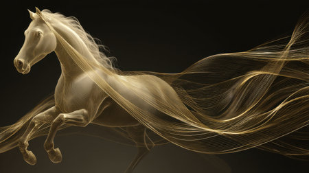This stunning image captures a golden horse in mid-gallop, its flowing mane and tail creating a dreamlike effect against a dark background.の素材