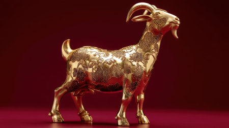 This stunning golden figurine of a goat features intricate floral patterns, showcasing exceptional craftsmanship and cultural significance.の素材