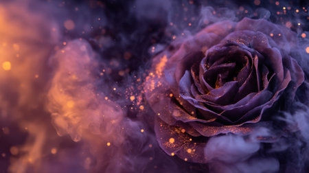 Explore a captivating image of a mystical purple rose surrounded by glowing particles and ethereal smoke, symbolizing beauty and elegance.の素材
