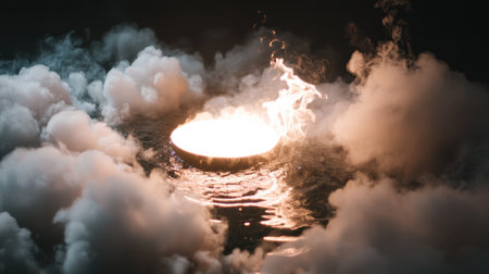 A captivating scene featuring a fiery circular glow surrounded by ethereal clouds rising above dark water. The combination creates a mystical atmosphere, evoking a sense of wonder.の素材