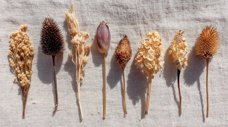 A captivating display of assorted dried flowers and stems on a light fabric surface, perfect for crafting and home decor inspiration.の素材