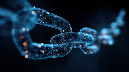 An intricate glowing digital chain structure representing technology, network connections, and data security. Ideal for innovative projects.の素材
