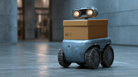 A charming robot with expressive eyes and a delivery box rolling through a sleek modern environment, evoking feelings of innovation and functionality.の素材