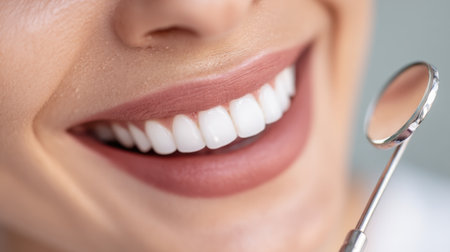 A close-up view of a person's radiant smile showcasing pristine white teeth, accompanied by a dental mirror, symbolizes excellent oral health care.の素材
