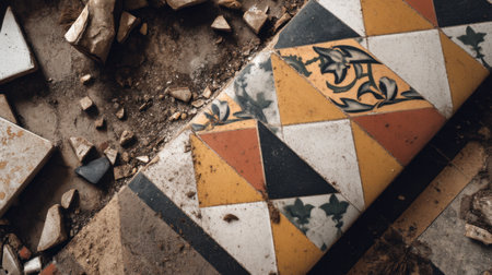 A close-up view of colorful patterned floor tiles in an abandoned setting, showcasing dust and decay, revealing historical beauty and artistry.の素材