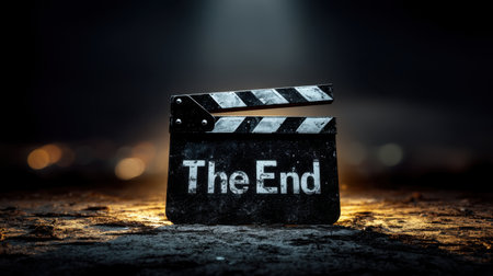 A cinematic clapperboard featuring the phrase 'The End' illuminated by dramatic lighting against a blurred background, symbolizing film completion.の素材