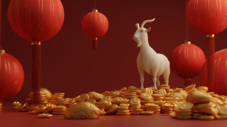 A whimsical white goat figurine stands proudly on a heap of shiny gold coins, under vibrant red lanterns, embodying wealth and joy for festive occasions.の素材