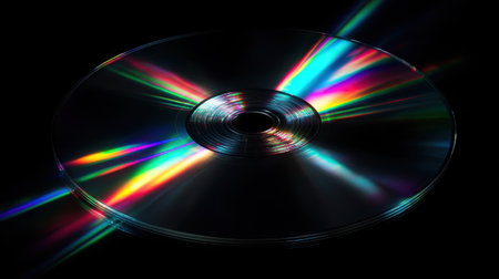 This image captures a colorful display of light reflections on a compact disc resting against a black background, showcasing vibrant rainbow colors.の素材