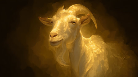 This stunning portrait captures a goat with a soft golden glow, radiating serenity and grace. Its calm expression invites viewers into a peaceful, dreamy world of nature.の素材