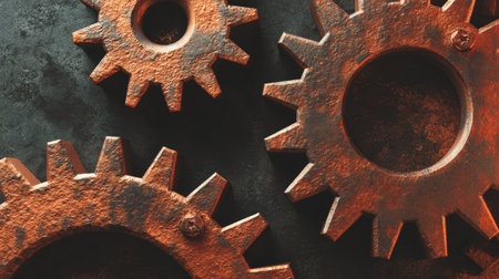 This image showcases an arrangement of textured rusty gears on a dark background, evoking an industrial aesthetic perfect for mechanical projects and designs.の素材