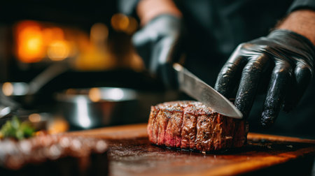 A skilled chef uses a sharp knife to slice into a juicy steak resting on a wooden cutting board, showcasing culinary precision in a well-equipped kitchen.の素材