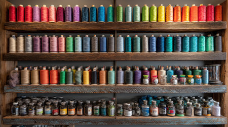Explore a colorful array of spools and jars neatly arranged on wooden shelves in a well-lit crafting space. Perfect for inspiration.の素材