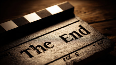 A vintage clapperboard labeled "The End" captures the essence of cinematic productions, symbolizing storytelling and conclusion in film.の素材