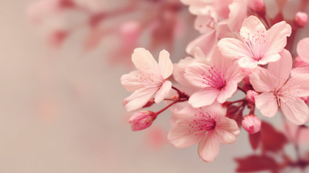 This serene image showcases delicate pink cherry blossom flowers against a soft background, evoking a sense of tranquility and beauty in nature.の素材