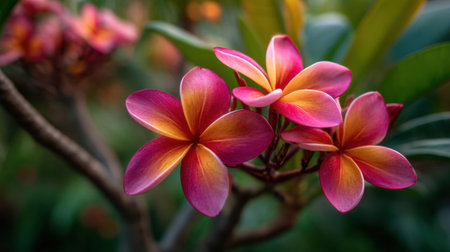 A stunning close-up of vibrant plumeria flowers showcasing their delicate petals in shades of pink and yellow against lush green foliage.の素材
