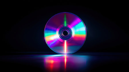 A colorful CD disc reflects vibrant light patterns against a dark background, creating an artistic interplay of colors and shapes.の素材