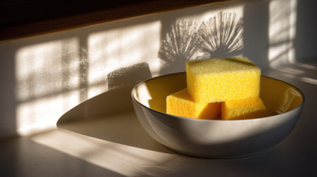 The image showcases vibrant yellow sponges stacked in a bowl, creating unique shadows on a kitchen countertop illuminated by gentle sunlight.の素材