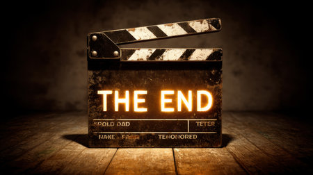 A vintage film clapperboard with the phrase "The End" lit up stands on a weathered wooden surface. This atmospheric image captures the essence of concluding a film project.の素材
