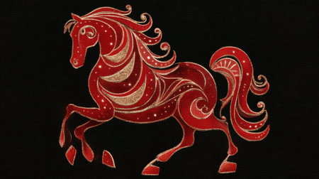 This stunning artwork features a vibrant red horse adorned with intricate patterns and gold accents, set against a striking black background.の素材