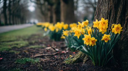 A beautiful display of vibrant yellow daffodils grows near a sturdy tree along a peaceful path, embodying the essence of springtime beauty.の素材