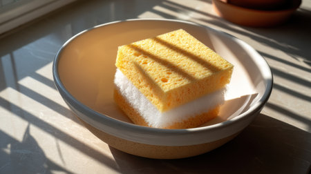 A soft yellow sponge rests in a simple bowl, illuminated by gentle natural light casting shadows across the scene, evoking warmth and cleanliness.の素材
