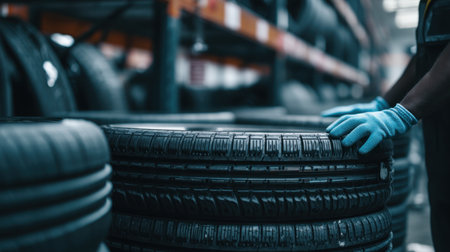 A worker in a modern warehouse inspects tires with blue gloves, focusing on quality control and efficient inventory management practices.の素材