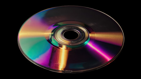 A striking image of a compact disc showcasing colorful reflections and vibrant light patterns against a stark black background.の素材