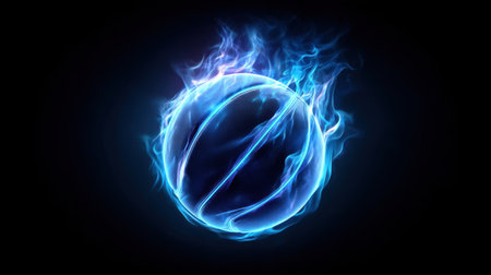 A glowing blue basketball surrounded by dynamic flames creates an energetic and captivating visual, perfect for sports and design themes.の素材