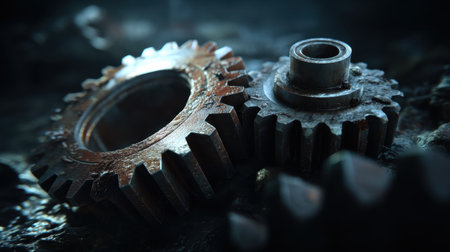 Two rusty industrial gears lay on a dark background, showcasing their weathered texture and intricate design, perfect for mechanical themes.の素材