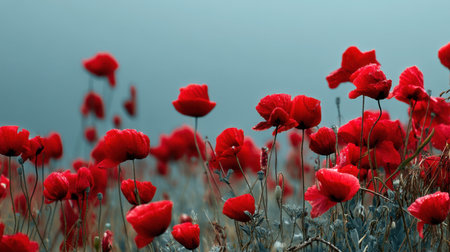 A stunning display of vibrant red poppies swaying gently in a serene landscape, adorned with dewdrops and bathed in soft blue lighting.の素材