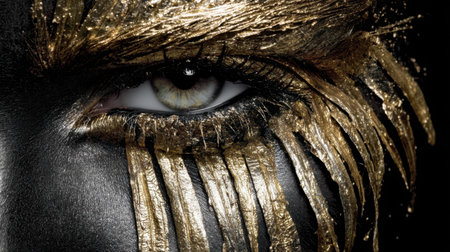 This close-up photograph showcases an eye adorned with stunning gold and black paint, emphasizing dramatic artistry and bold expression.の素材