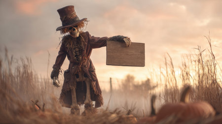 This haunting image features a scarecrow holding a blank sign in a pumpkin field at sunset, surrounded by mist and an eerie atmosphere. Perfect for Halloween themes.の素材