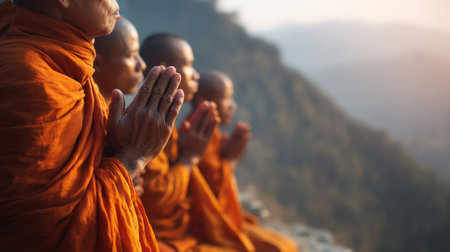 A serene scene of four monks in orange robes praying on a mountain at sunrise, embodying tranquility and spiritual devotion amidst nature's beauty.の素材