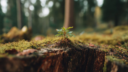 A small green plant emerges from a tree stump covered in soft moss, creating a serene forest scene full of life and tranquility.の素材
