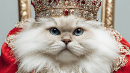 A stunning portrait of a fluffy cat adorned in luxurious royal robes and a sparkling crown, exuding elegance and regality in a lavish setting.の素材