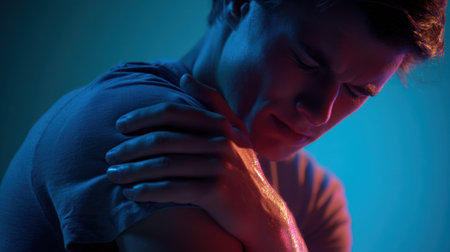 A young man is captured in a moment of pain, holding his shoulder with a distressed expression. The dramatic lighting enhances the emotional depth of the scene.の素材