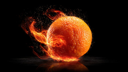 This captivating image features a singular orange fruit that appears to burst into flames, creating a stunning visual effect. The dark background enhances the vibrant colors and dynamic motion, making it an eye-catching representation of freshness and energy. Perfect for illustrating concepts related to health, food, and refreshment.の素材